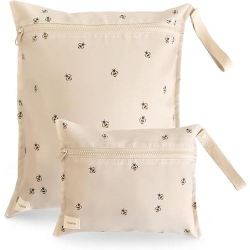 mushie Water Resistant Wet Bags | Large & Small Reusable Storage Bag for Baby Items and Travel | Zippered Pockets with Handle | Machine Washable, Set of 2 (Bees)
