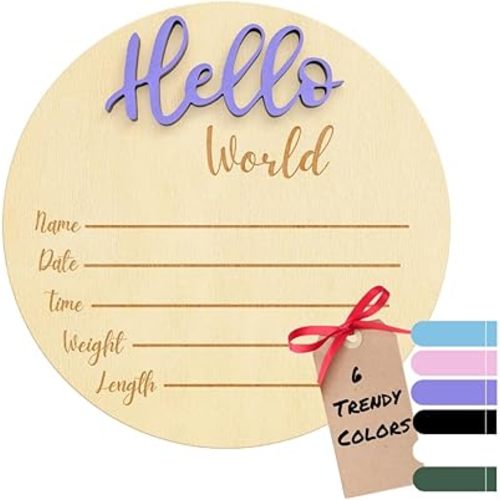Baby Announcement Sign – 6” Wooden Hello World Newborn Name Sign, Hospital Birth Stat Plaque, Gender-Neutral Welcome Baby Keepsake, Personalized Photo Prop for Boys & Girls, Newborn Gift (Lavender)