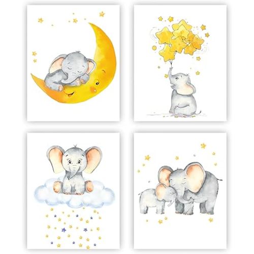 Baby Boy Nursery Canvas Wall Art Set of 4,Elephant Baby Moon and Stars Picture Wall Decor Painting, Cute Animal Baby Girl Nursery Posters Prints (8''x10'') No Framed