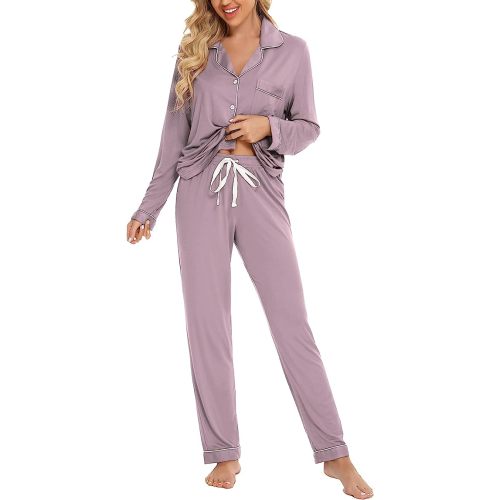 Leikar Button Up Pajama Set For Women Long Sleeve Shirt and Pajama Pants Soft Pjs Lounge Sets S-XXL at Amazon Women’s Clothing store