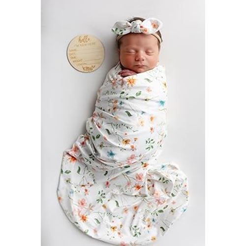 Baby Receiving Blanket Swaddle Blanket Infant Wrap with Matching Headband Beanie and Name Card (Green Leaf Flower)