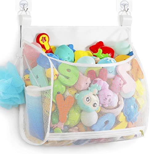 Ligereza Baby Mesh Bath Toy Organizer, Multiple Ways to Hang, Ultra Large Capacity & Large Opening, Bathroom Toy Holder, Bath Toy Storage Bag With 2 Side Pockets (White)