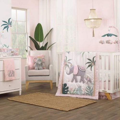 Nojo Tropical Princess Elephant /jungle Pink And Green 4 Piece Crib Bedding Set - Comforter, Fitted Crib Sheet, Dust Ruffle And Storage
