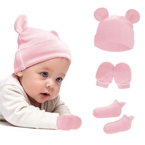 Yabanana Newborn Fetal Hat Scratch Resistant Gloves Foot Cover Baby Hat Hand and Foot Cover Baby Hat for 0-6 Months, Pink