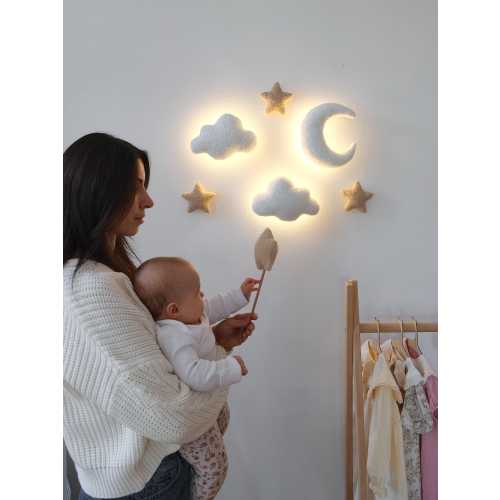 Boucle Cloud Wall Lamp with Moon and Stars – Handmade Neutral Nursery Night Light