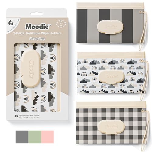3PACK Baby Wipes Holder | Refillable Wipes Container w/DOUBLE-LOCK SEAL |Travel Wipe Case | Portable Wipe Dispenser | Reusable Wipes Pouch (Cloudy Grey, 3 PACK)