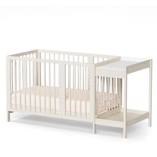 JOYMOR Crib with Changing Table and Pad, 8 in 1 Convertible Crib with Changer, Include 2” Mattress, Converts to Bassinet, Mid Crib, Full Size Crib, Daybed,Toddler Bed and Playard (Washed Natural)