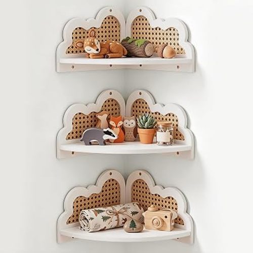3 Pcs Cloud Floating Corner Shelf Set Boho Rattan Storage with Natural Pine Wood Frame Cute Corner Shelves for Wall Home Decor Bedroom Kitchen Bathroom (White)
