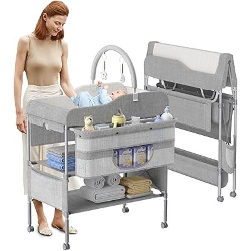 Portable Baby Changing Table, Foldable Changing Table Dresser Changing Station for Infant, Height Adjustable Waterproof Diaper Changing Table, Mobile Nursery Organizer for Newborn Essentials