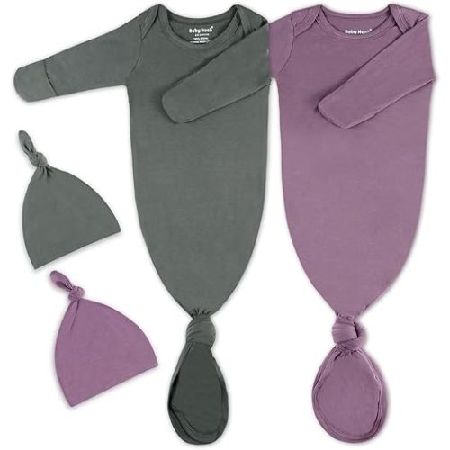 2Pack Knotted Gown Baby, Super Soft Long Sleeve Newborn Hospital Outfit Boy Girl Coming Home, Built-In Mittens Clothes