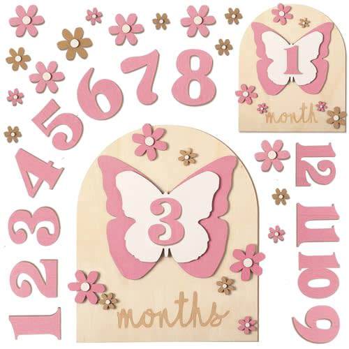 Wonderjune 26 Pcs Baby Monthly Milestone Cards Set, 7 x 6 Inch Wooden Monthly Milestone Discs Milestone Wooden Circles One Month Baby Sign Milestone for Girl(Butterfly)