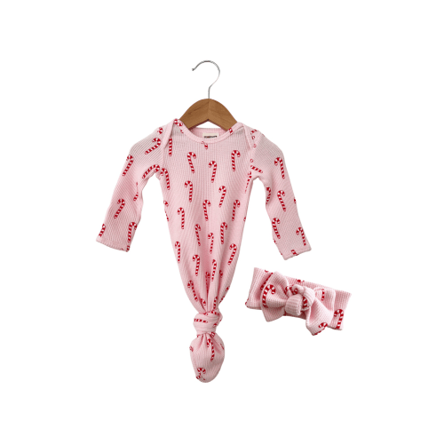 Organic Waffle Knotted Gown & Bow Set, Pink Candy Cane