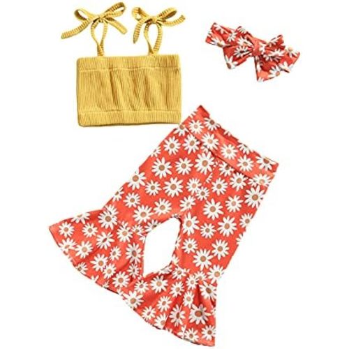 Newborn Baby Girl Sleeveless Ribbed Strap Crop Top Tie Dye Print Bell Bottom Pants Headband 3Pcs Summer Outfit