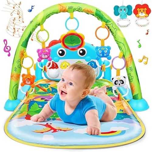 UMIKU Baby Gym Play Mats Baby Tummy Time Mat Musical Activity Center for Newborn Infant Piano Babies Play Mat Music & Light Newborn Infant Gifts for Babies 0-3 6 9 12 Months Dinosaur Style