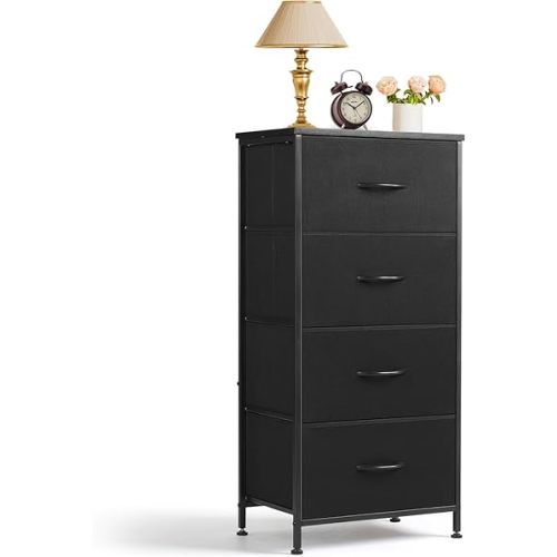 Nightstand, 4 Drawer Dresser End Table Bedside Furniture with Wooden Top Steel Frame Fabric Bins for Bedroom, Closet, Entryway, Dorm, Living Room, Black
