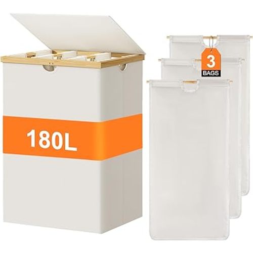 WOWLIVE 180L Laundry Hamper 3 Section, Bamboo Laundry Basket with lid, Extra Large Dirty Clothes Hamper with Removable Linner Bags, Laundry Bin Organizer Storage for Dorm Bedroom Bathroom, Beige