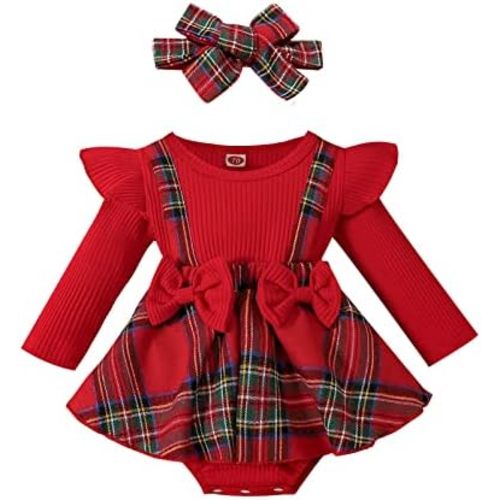 Yccutest Newborn Baby Girls Christmas Romper Dress Fur Trim Mesh Skirts Bodysuits Velvet Xmas Outfits Winter Clothes