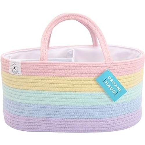 OrganiHaus Pastel Rainbow Basket | Rope Diaper Caddy Basket | Baby Diaper Caddy Organizer | Nursery Basket & Baby Baskets for Newborn Baby Diaper Organizer for Rainbow Decor | Diaper Storage Organizer