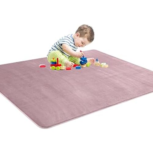 BALAPET Thick Memory Foam 71x59 Play Mat for Playpen, Super Soft Velvet Portable Baby Playpen Mat for Kids Toddler Crawling and Play, Non-Slip Bottom Playmat, Pink