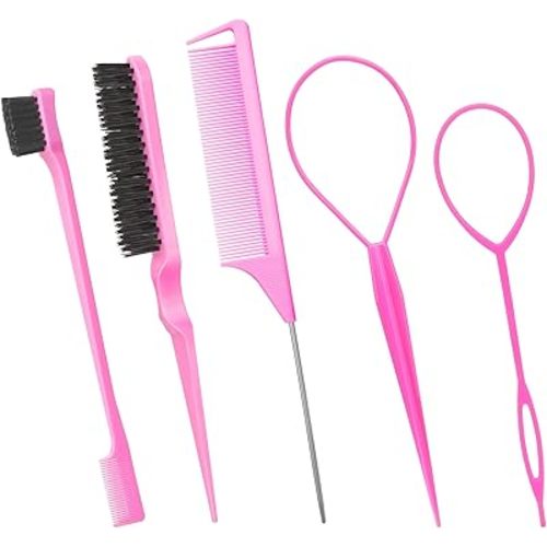 5Pcs Pink Hair Brushes & Tools Set: Topsy Tail, Edge, Bristle Brush, Rat Tail Comb, Slick Back Brush for Women & Girls' Hair Styling