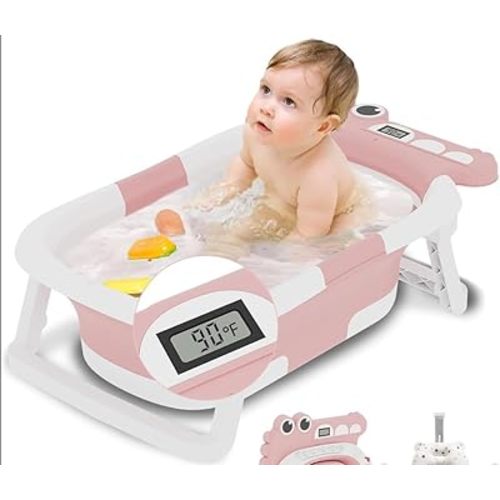 Collapsible Baby Bathtub,Baby Bath Tub with Soft Cushion & Thermometer,Baby Bathtub Newborn to Toddler 0-24 Months,Portable Travel Baby Tub,Pink