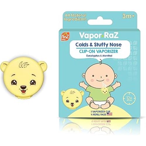 RaZbaby Vapor-Raz Clip-On Vaporizer – Reusable for Cough, Cold & Congestion Relief with Soothing Menthol & Eucalyptus Aromatherapy – Use at Home & On-the-Go – Includes 4 Vapor Pad Refills