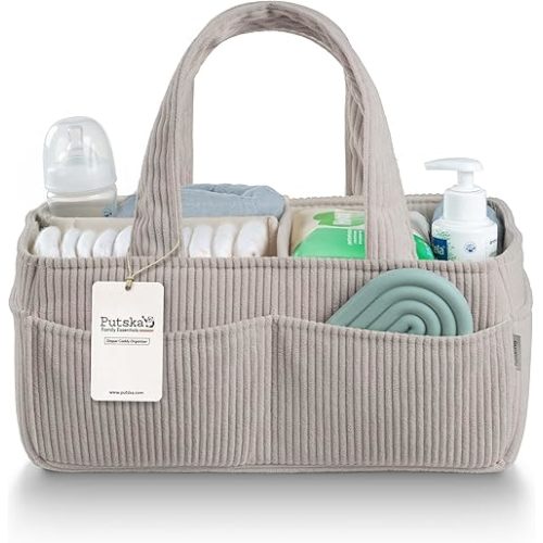PUTSKA Baby Diaper Caddy Organizer for Changing Table – Stylish Nursery Storage Basket, Newborn Essentials, Baby Shower Gifts and Registry Must-Haves for Boy or Girl, Car Diaper Caddy, Corduroy Grey
