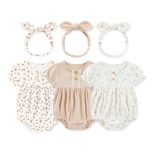 MAMIMAKA Newborn Baby Girl Clothes Cotton Bubble Romper Floral Short Sleeve Bodysuit 3 Pack