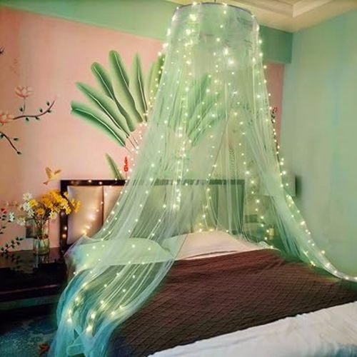 Eimilaly Lace Bed Canopy Mosquito Netting with Warm Lights, Princess Bed Canopy for Girls Room Decor, Green/Single Door