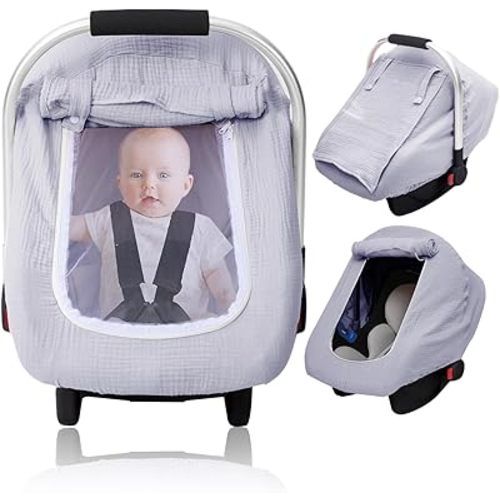 3 Layer Muslin Car Seat Cover Baby | Carseat Covers Baby with Mesh Screen Window | Privacy Infant Car Seat Cover | Baby Stroller Weather Shields | Carrier Cover Canopy for Baby Registry Essentials