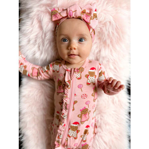 2-Way Ruffle Zip Footie, Gingerbread Friends Pink