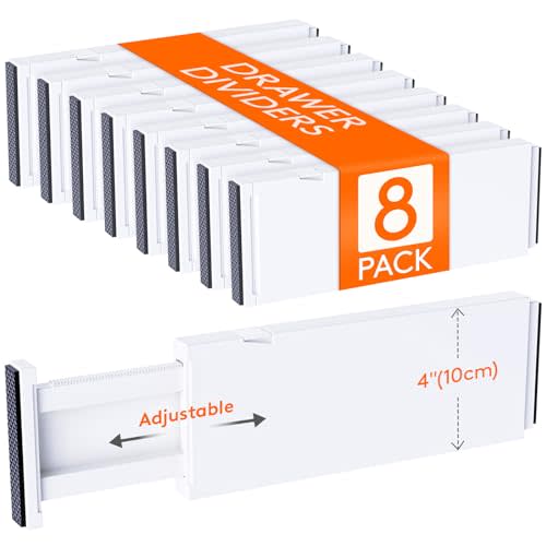 Lifewit 8 Pack Drawer Dividers 4" High,11-17" Adjustable Dresser Drawer Organizers for Clothes, Expandable Dresser Separators in Bedroom/Bathroom/Kitchen/Vanity/Office Organization and Storage, White