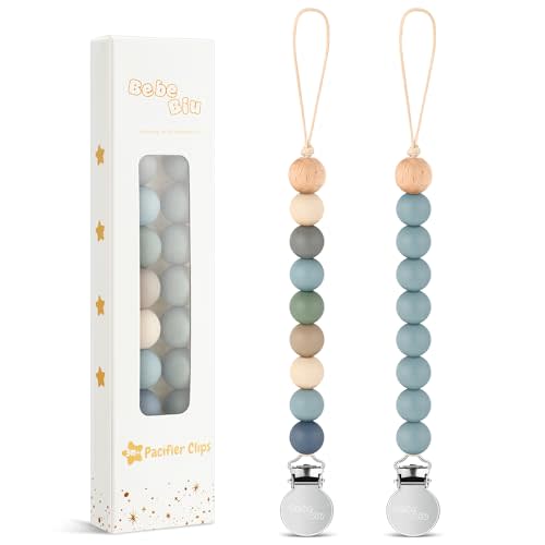 BebeBiu 2 Pack Pacifier Clips, Silicone Pacifier Clip for Baby Boys and Girls, Baby Pacifier Strap with Silicone Beads, Soother Dummy Holder, Pacifier Holder, Keeps Pacifier Clean (Wilderness/Ether)
