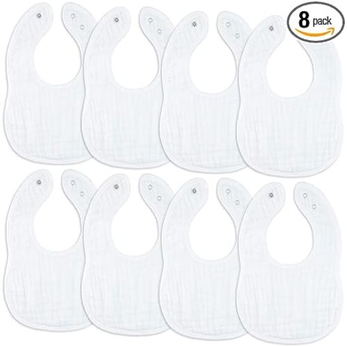 Comfy Cubs Muslin Bibs for Babies, Pack of 8 - Soft and Highly Absorbent, Feeding, Drool and Teething Bib, Adjustable Snaps - Stylish & Colorful Unisex Designs, Giftable Set - White