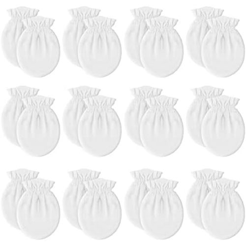 12 Pairs Newborn Baby Mittens,Unisex-Baby No Scratch Mittens,100% Cotton White Mittens for Baby 0-6 Months