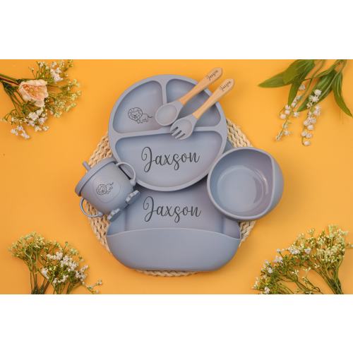 Personalized Silicone Baby Weaning Set, Engraved Silicone Bib, Cartoon Weaning Set for Toddler Baby Kids, Feeding Set with Name