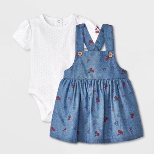 Baby Girls' 2pc Disney Minnie Mouse Cherry Chambray Dress & Bodysuit Set - Blue 6-9m