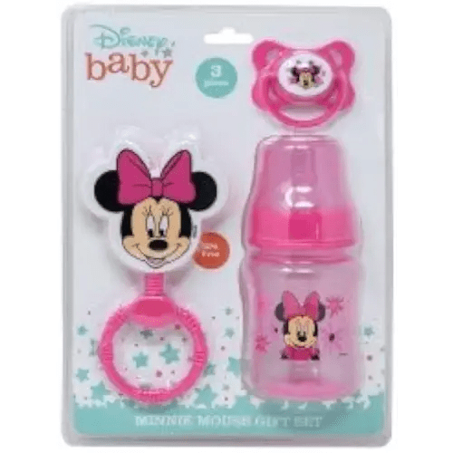 Cudlie Disney Baby Girl Minnie Mouse Bottle, Rattle & Pacifer Set