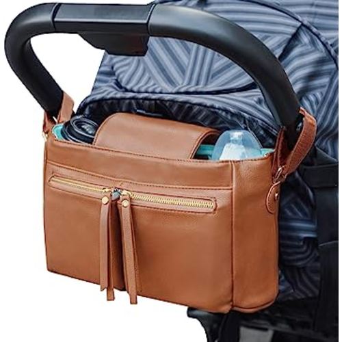 MOMINSIDE Organizer With Insulated Cup Holders, 10 Pockets Accessories Leather, Universal Stroller Caddy, Adjustable Straps, Zippered Pocket, Fit All Strollers (Brown)