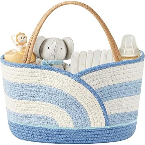 Baby Diaper Caddy Organizer - Portable Cotton Rope Diaper Caddy Basket for Nursery, Gift for Baby Shower List, Storage for Diapers, Wipes, Toys & Newborn Essentials (Blue/White)