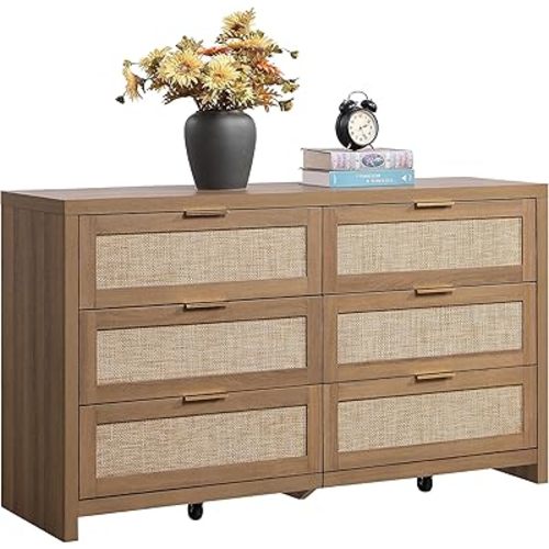 SICOTAS Rattan Dresser for Bedroom, 56.9" Wide 6 Drawer Dresser with Ample Storage, Dressers Large Chest of Drawers, Closet, Boho TV Stand for Bedroom (Reclaimed Caramel Oak, 1 Piece)