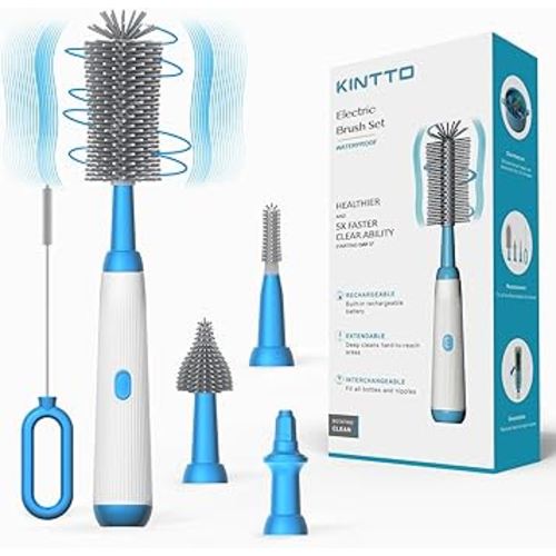 KINTTO Electric Bottle Brush Cleaner with Rechargeable, Cleaning for Baby/Water/Wine/Thermos Bottles, Waterproof 2 Nipple and Straw Silicone Brush 1500mAh