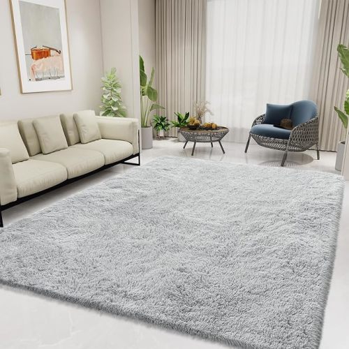 Ultra Soft Fluffy Area Rugs for Bedroom Living Room 5x8, Nursery Rug, Non-Slip Carpet for Kids Dorms Decor, Shaggy Bedside Rug, Light Grey