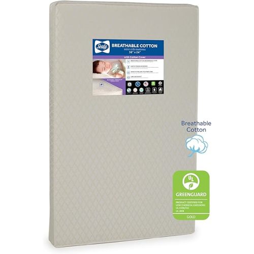 Sealy Baby Breathable Waterproof Cotton Portable Mini Crib Mattress, Premium Sustainable Non Toxic Core, Hypoallergenic, GREENGUARD Gold Certified, Safety & Quality Tested, Made in USA, 38x24"