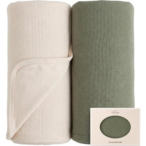 Konssy 2 Pack Ribbed Knit Swaddle Blankets for Baby Boys & Girls, 33"x42"