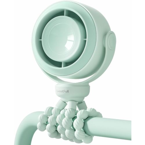 SWEETFULL Portable Stroller Fan, Pinch-Proof Baby Fan - Green | Wide Turbine Airflow; Safe Design; LED Display; 5-Speed; 30dB Quiet; USB-C Rechargeable; Mini Clip On Fan for Car Seat & Bed