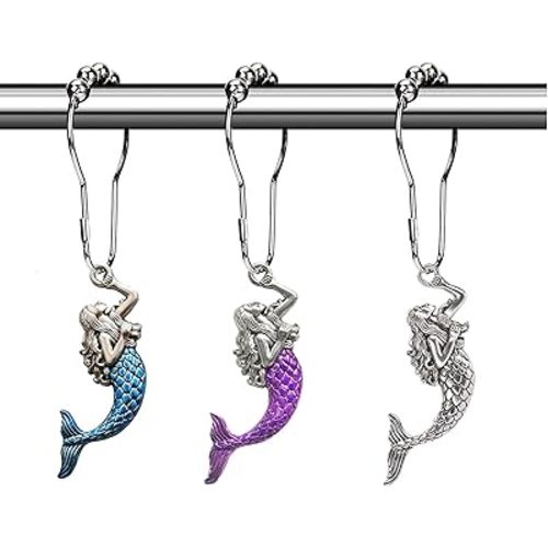 Cute Mermaid Shower Curtain Hooks - Sea Shower Hooks for Shower Curtain Liner, Silver Shower Curtain Rings Decorative Shower Curtain Set Accessory, Tropical Jungle Beach Theme Bathroom Decor