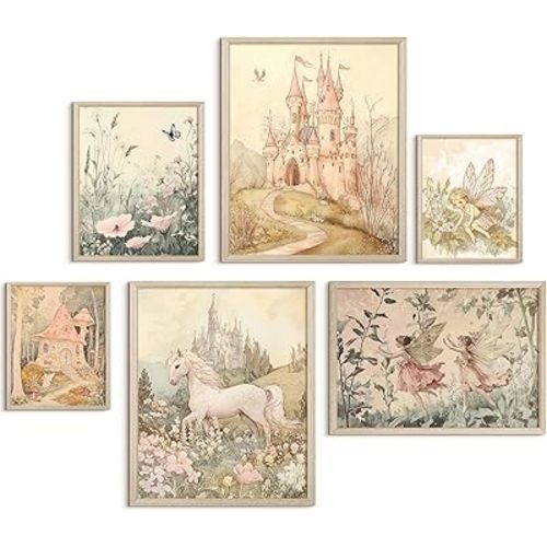 Vintage Fairy Nursery Wall Art Baby Girl Room Canvas Wall Decor Magic Forest Poster Fantasy Fairytale Prints Nursery Artwork Antique Magical Picture Flower Painting for Bedroom 8x10 Inch Framed 6Pcs