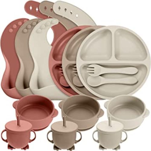 18 Pcs Silicone Baby Feeding Set Infant Dinnerware Adjustable Silicone Toddler Bibs Baby Plates and Bowls Set Suction Bowls Divided Plates Spoons Fork Cups Utensils (Beige, Maroon, Khaki)