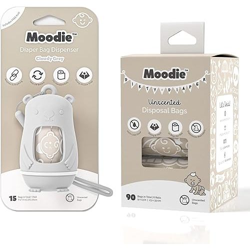Moodie Teddy Bear Diaper Bag Dispenser w/Silicon Strap (CLOUDY GREY) & 6 Refill Roll PACK (UNSCENTED - 105 Bags TOTAL) | Diaper Bag Essential Items